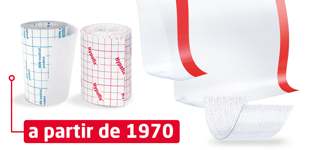 La imagen muestra dos ejemplos de material de fijación para zonas amplias de Leukoplast y una marca temporal de la década de 1970.  La imagen muestra dos ejemplos de material de fijación para zonas amplias de Leukoplast y una marca temporal de la década de 1970.